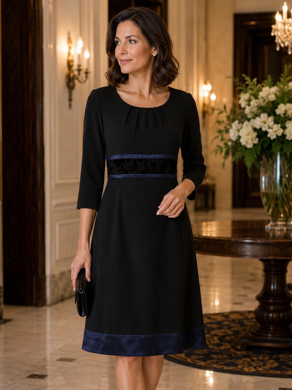 Ports International Black Wool Blend Fit & Flare Dress Navy Silk Trim Size 4